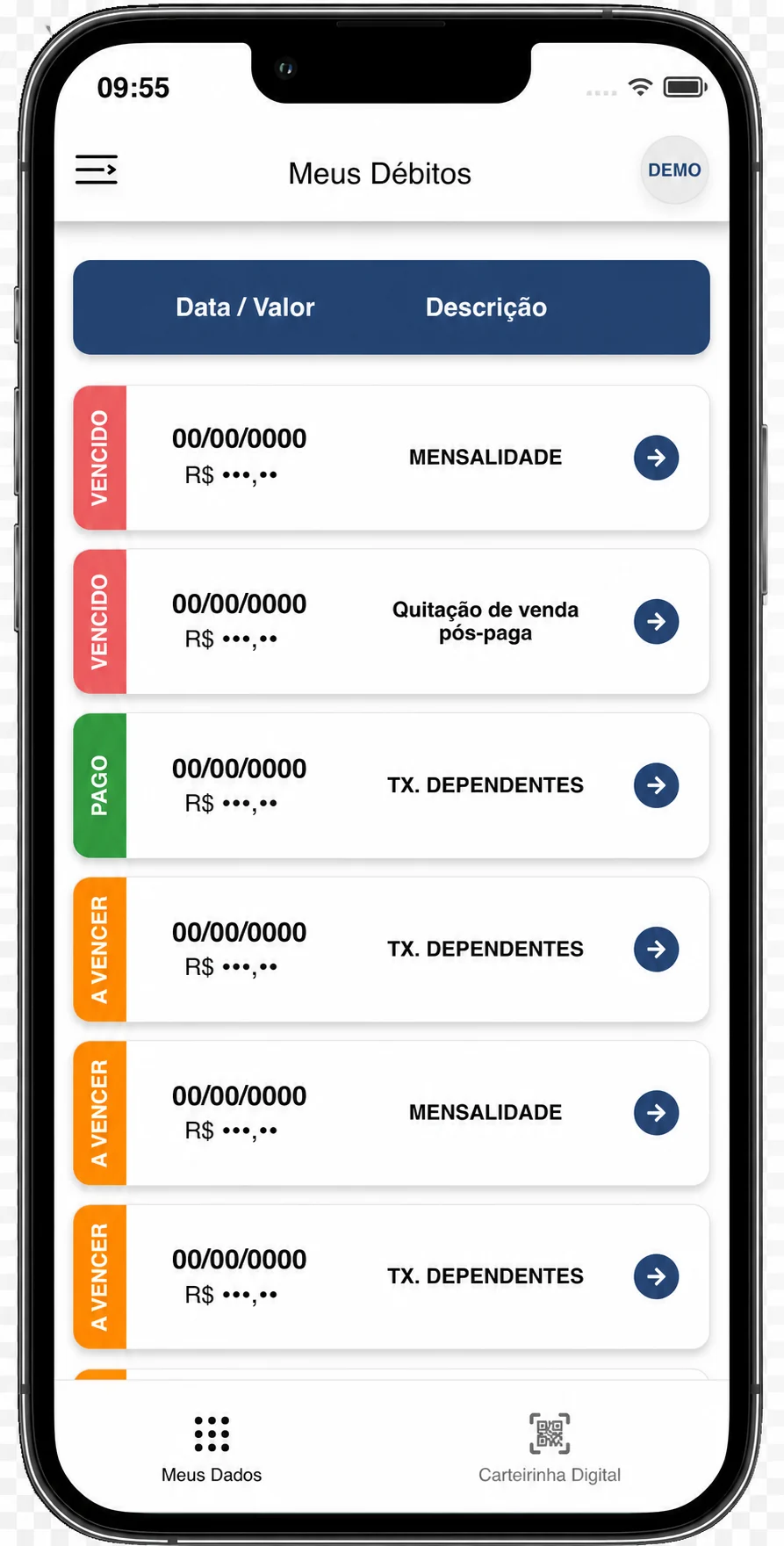 Débitos e pagamentos demonstrativos no App do Sócio
