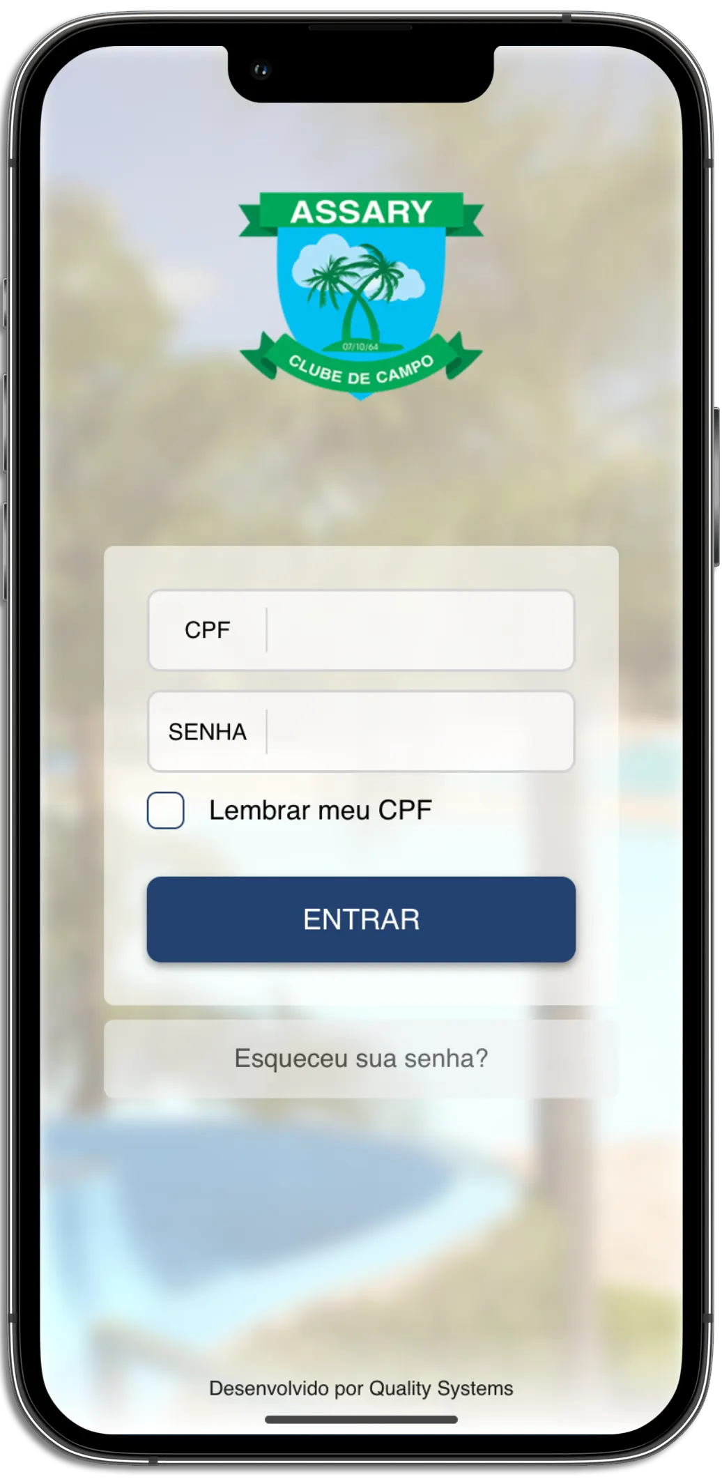 Tela inicial demonstrativa do App do Sócio personalizada com a identidade do clube